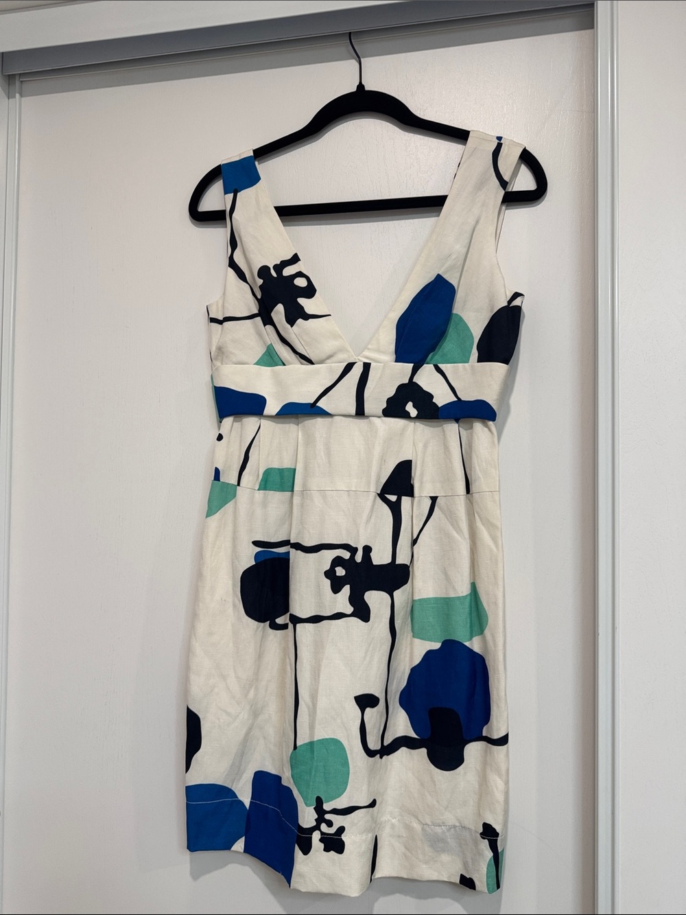 Mint White Dress with Blue and Teal Abstract Print